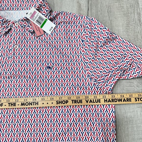 NWT Vineyard Vines Performance Polo Shirt Mens Large All Over Red Blue Lobster - Picture 8 of 10